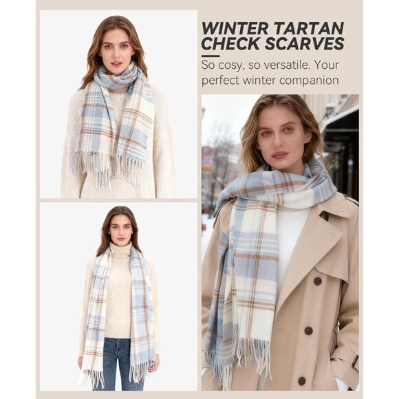 Women Cream Blue Check Winter Warm Shawl Wraps Tartan Blanket Oversized Scarves - Picture 3 of 6